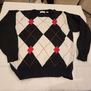 Vintage Bachrach Black, White, and Red Argyle Crewneck Sweater 100% Cotton Xl